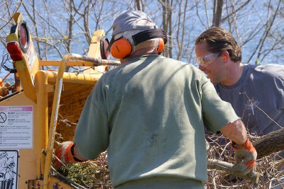 Peter Rice and volunteer chipping brush.