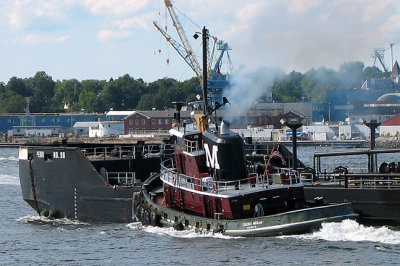Penn 90 barge, tug working hard