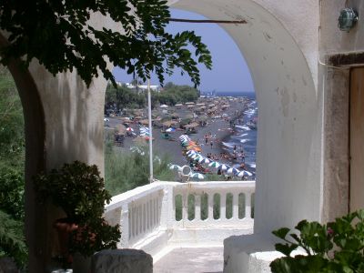 Kamari beach, from the curch balcony at the south end