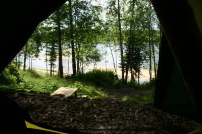 Vue de la tente du camping de la chute  l'ours  Normandin