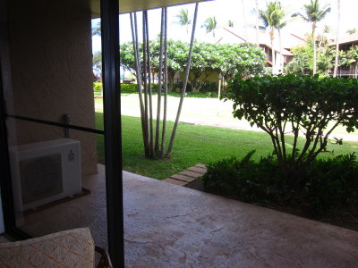 Lanai looks out at putting green and pool/BBQ