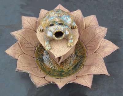 Stoneware clay handbuilt Water Fountain, Froggy's Little Dip