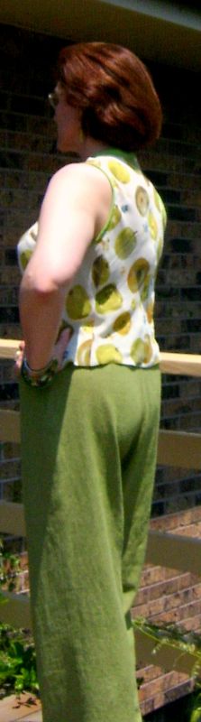 Side View of Lime Pants & Apple Print Top