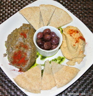 Mezza Med Plate - Baba Ganoush, Hummos, Olives, Pita Bread