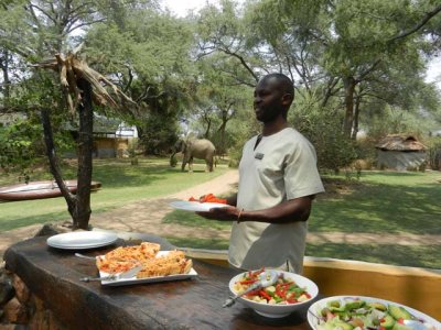Lunch being served at Chongwe, with elephants