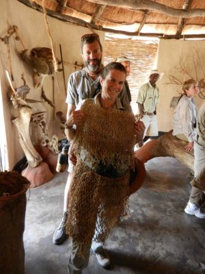 Cyn shows off the old-fashioned clothes made from baobab bark