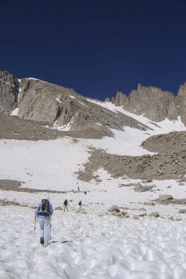 The gang takes off across the snow field past Trail Camp