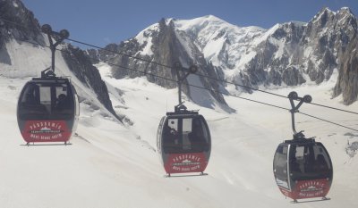 4 by cabin, three cabins by three cabins, going and stopping every now and then to admire and take pictures fromthe Aiguille du Midi to the Pointe Hellbronner in Italy.