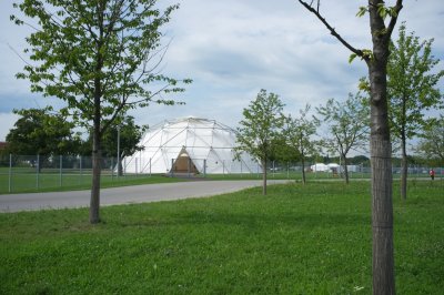 Next to the museum desinged by Frank Gehry is a model of the Richard Buckminster Fuller dome.
