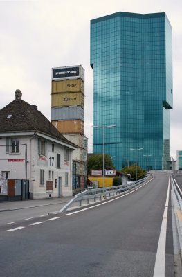 Next to the Prime Tower that is now the largest building in Switzerland the Freitag building looks small.