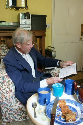 Jim Hicks having afternoon tea