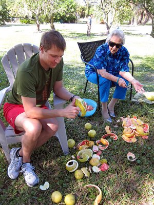 Matt and Grams peel grapefruit for a Thanksgiving salad