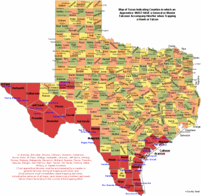 Texas county map identifying conditional trapping counties for raptors