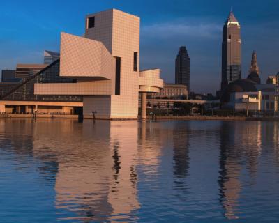 Rock Hall of Fame and Cleveland Skyline by shinndigg