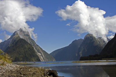 View from the top of Milford sound, looking out to sea.