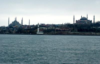 ON the Ferry looking towards the Blue Mosque (left) and the Hagia Sofia