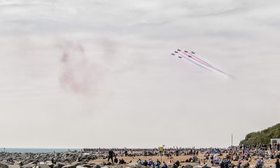 Red Arrows approaching over the beach