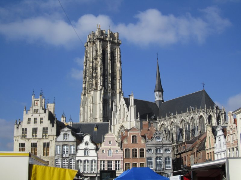 The cathedral towering over the market - it has Belgiums finest carillon