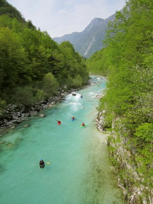 Coming down the Soca, the kayakers looked like small colored candies