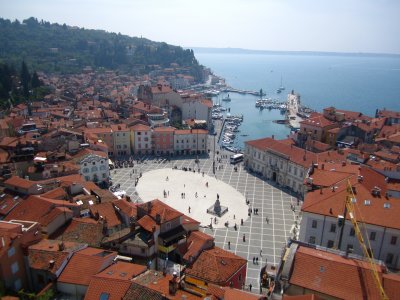 Piran's main square (Tartini trg) as seen from the top of the church bell tower