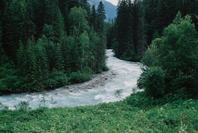 The river's water is an icy blue color from the glacial snow melt.  Berg Lake Trail, Mt. Robson Provincial Park 7/13/11
