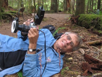 Tom photographing Ozette's coralroot at MacMillan P. Park. We could only find these two plants. (Johanna Nelson) 7/20/11