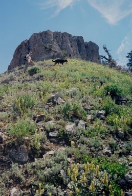 Eric and our faithful canine companion on the ramparts of Mt. Elmer. Extremely steep and vertiginous!  