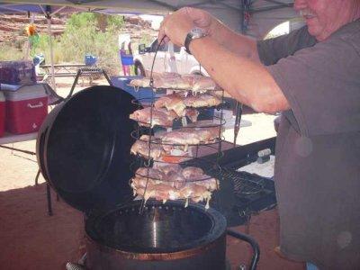 Tuesday dinner:Frank drops in the firstof 3 batchesof Chicken Thighs