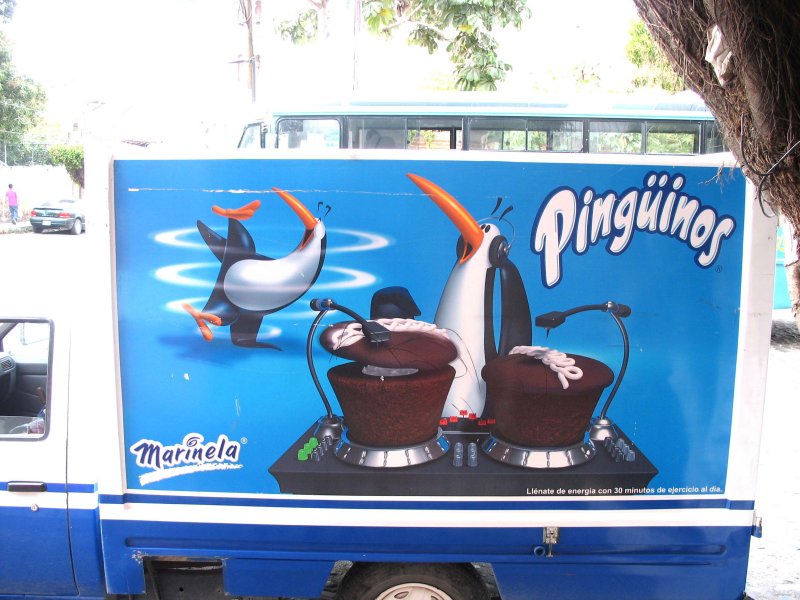 Pinguinos penguin deejay ad on truck, Puerto Vallarta