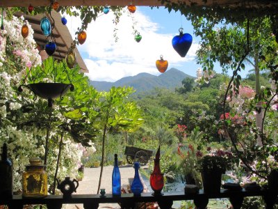 Colored glass and Sierra Madre mountain views, Puerto Vallarta Botanical Garden