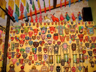 Wall of masks, Casa de las Flores B&B, Tlaquepaque