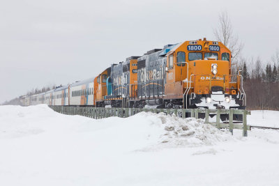 Special train from Cochrane for Great Moon Gathering arriving in Moosonee 2011 February 19 behind GP38-2 1800 and 1802.