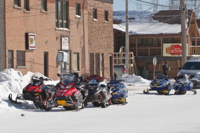 Snowmobiles parked outside Sky Ranch Restaurant 2011 March 6