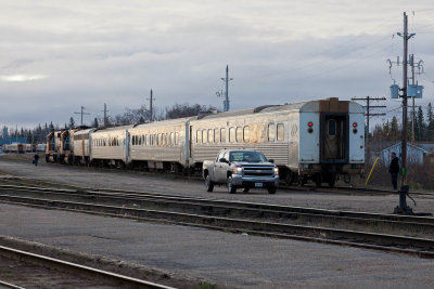 2011 October 19 Northlander heading towards station platform in Cochrane.