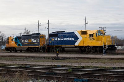 Polar Bear Express power GP9 1603 and GP38-2 1809 at Cochrane