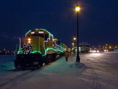 Decorated locomotive at head of Northlander in Cochrane 2011 December 22