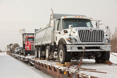 Trucks arriving in Moosonee on freight 419