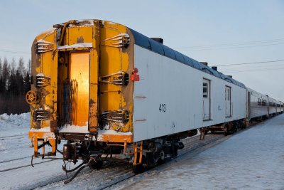 Baggage 413 at the end of a Special Sunday Hockey train in Moosonee