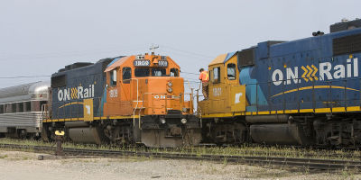 2006 July 7 GP38-2's 1809 at head of Polar Bear Express and 1801 leading Little Bear into Moosonee