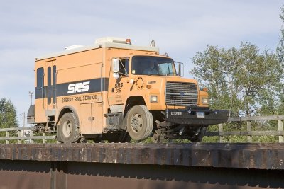 Closer shot of Track Evaluation Vehicle on bridge