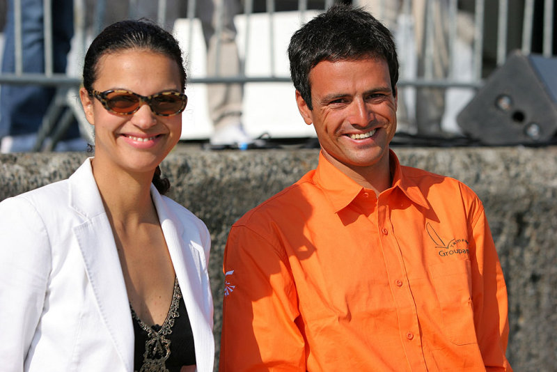 Isabelle Giordano, et Franck Cammas skipper des trimarans de Groupama