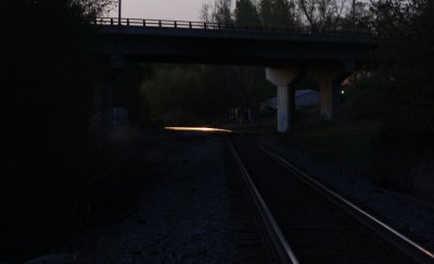 Train, at night. Photographed near the base of the bluffs