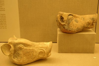 Boars heads in clay from the Minoan Civilization 17th Century BC excavated from ancient Akrotiri