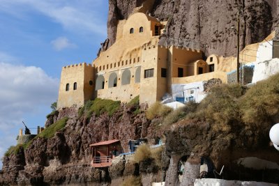 Medieval style fortress in Santorini overlooking the harbor.