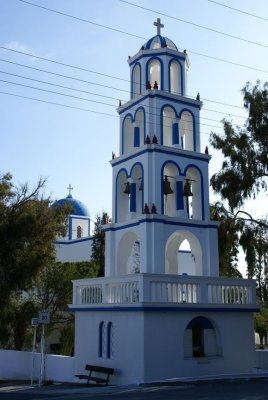 Ornate church bell tower in Kamari village