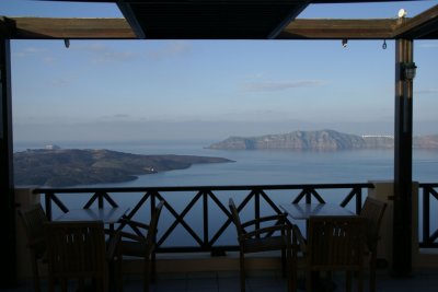 The haunting beauty of the volcanic landscape, as seen from the Cafe Classico in Fira.