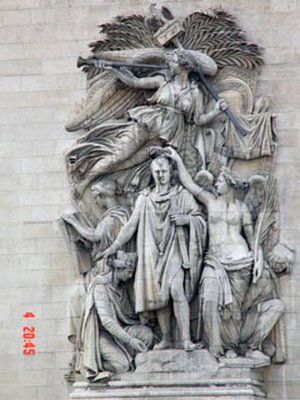 The coronation of Napoleon Bonaparte enshrined on the Arc de Triomphe.