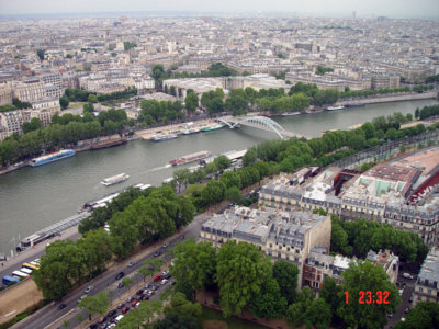 Paris across the river Seine, as seen from the apex of the Eiffel Tower.