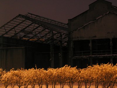 Ruins of a paper mill factory and bushes with snow under yellow street lights