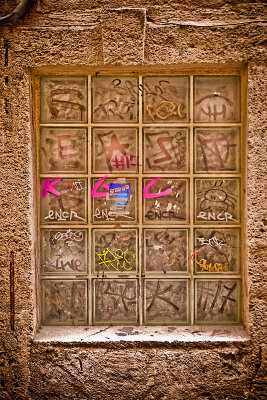 Graffiti covered window
